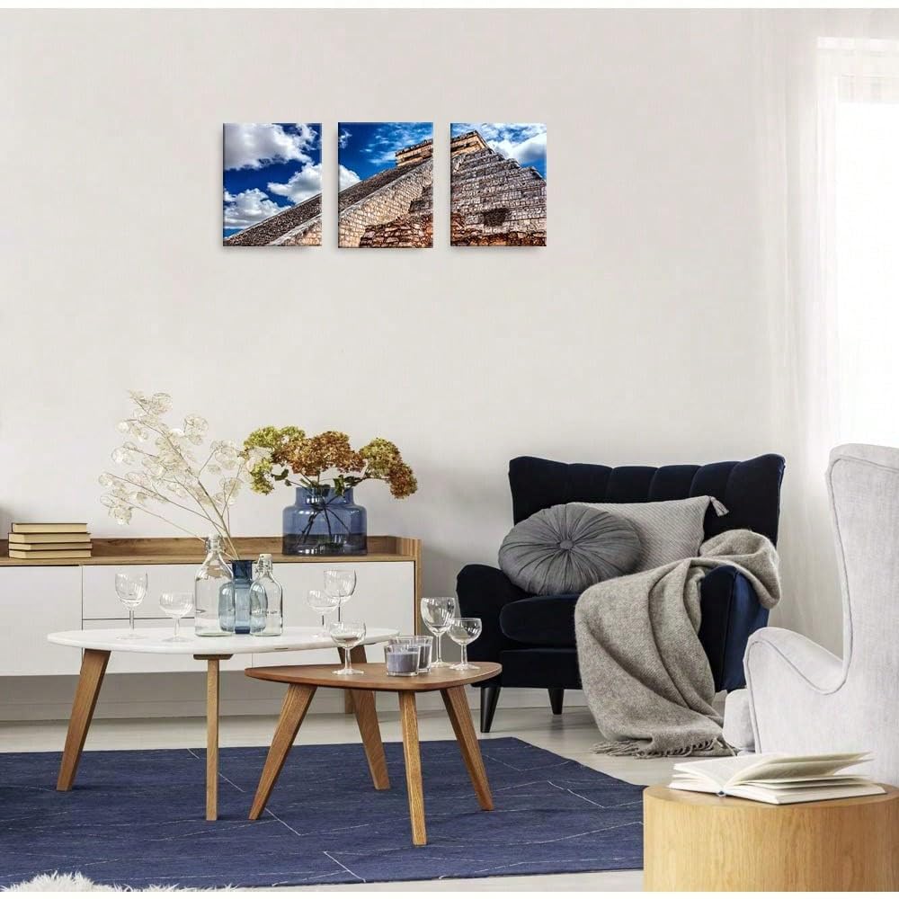 awitufhgp 3pc Modern Abstract Art Canvas Painting Mexico Mayan Pyramid, for Living Room, Restaurants, Bedroom, Bathroom, Kitchen(35x50cmx3/14x20inx3 (WxH)/No frame)
