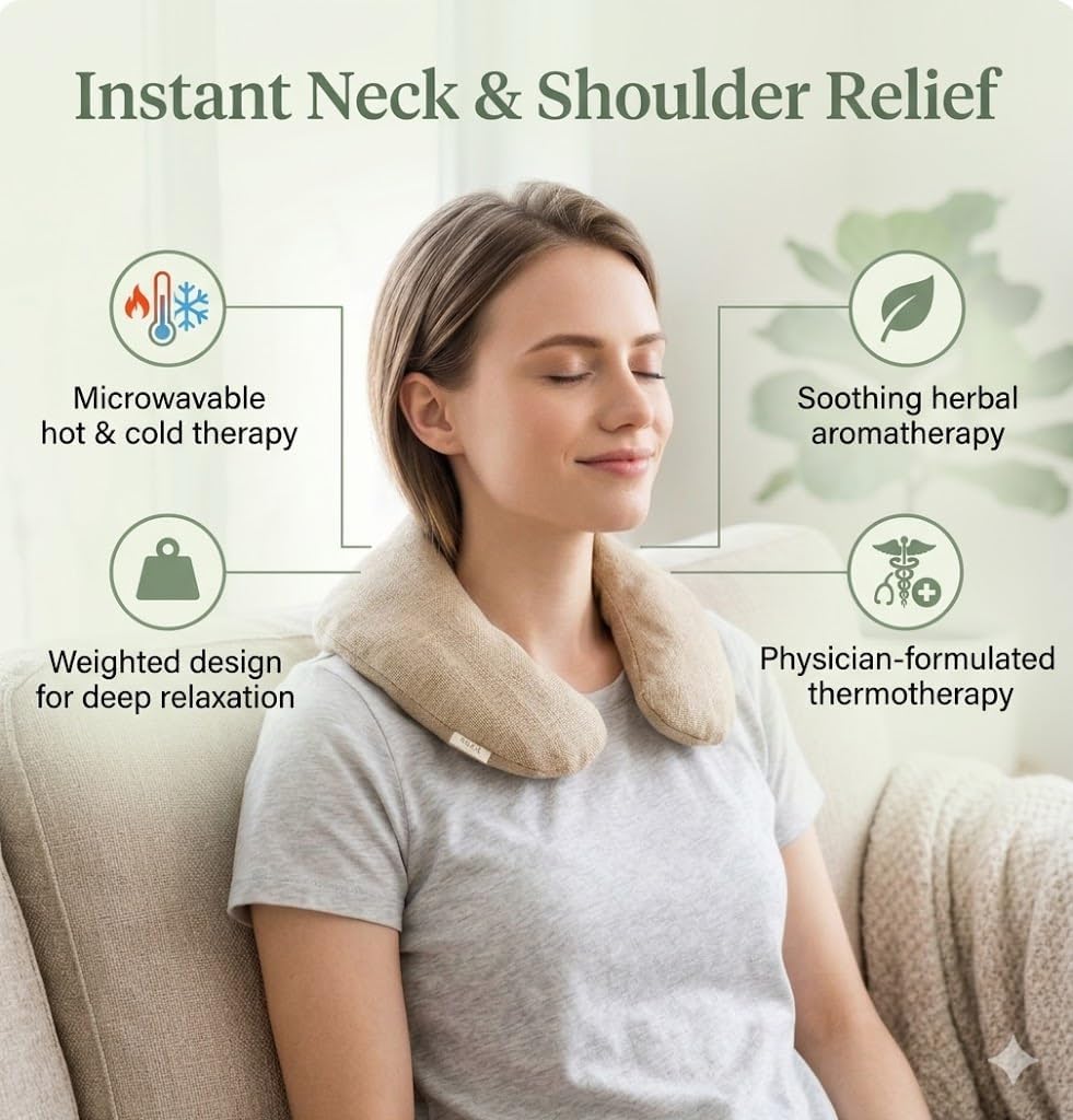 Kozi Weighted Neck Wrap - Microwavable Hot & Cold Therapy Pillow for Neck Pain, Migraine, and Muscle Stiffness Relief - Herbal Aromatherapy Heating Pad - Jute Fabric