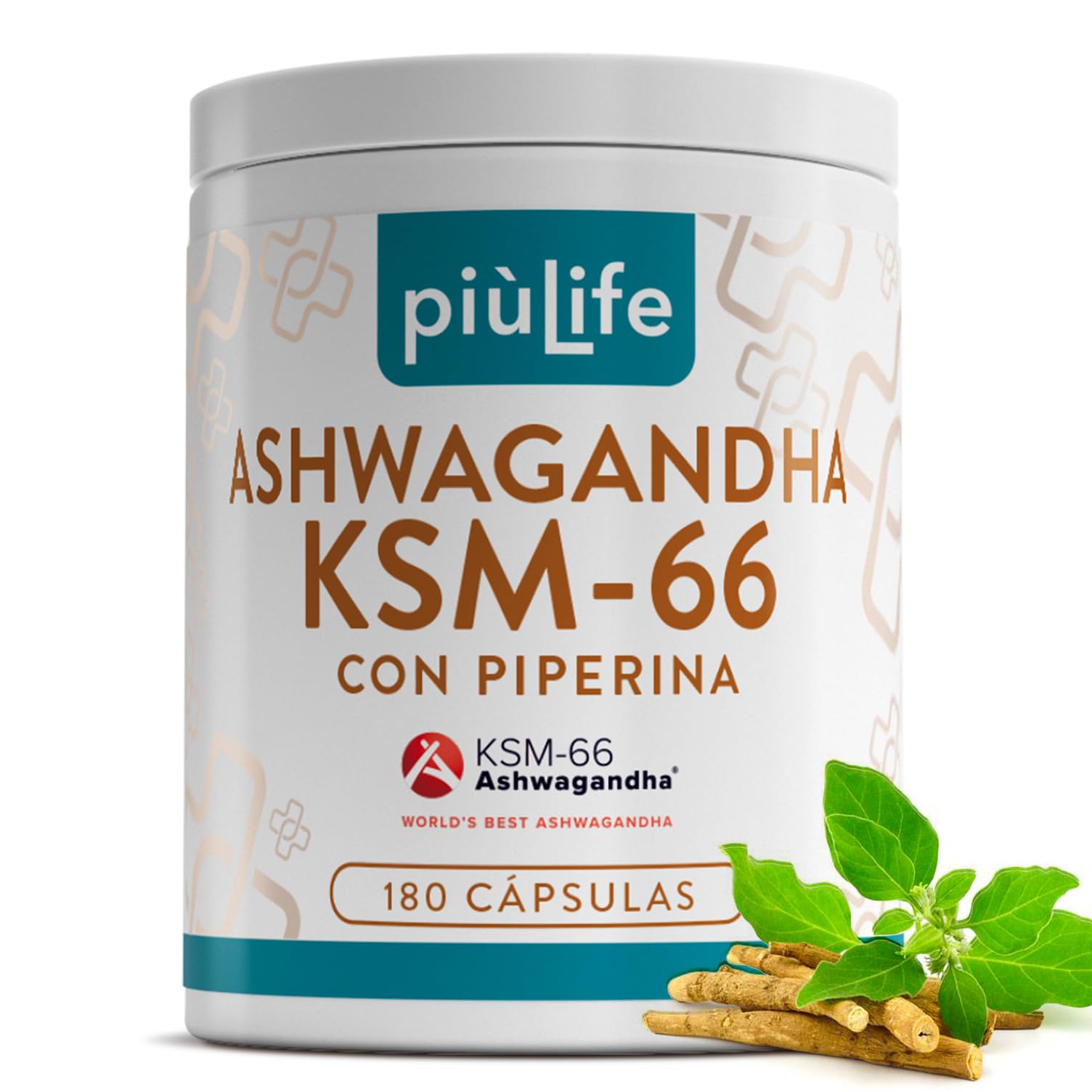 Ashwagandha KSM-66 600mg PiùLife, 180 Cápsulas, Extracto De Raíz Withania Somnifera 5% Withanólidos, Ashwagandha Con Pimienta Negra, Estrés Y Bienestar Mental, De Agricultura Ecológica