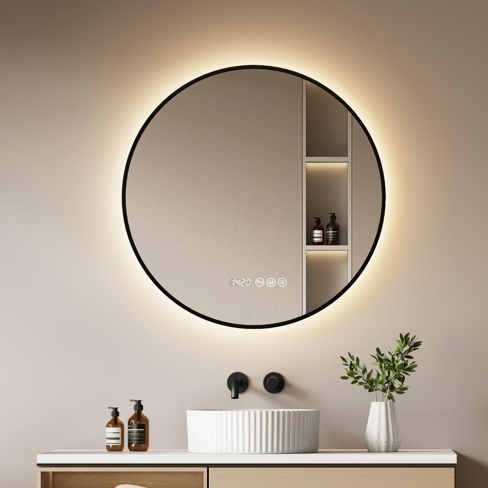 EMKE Espejo de Baño LED Redondo con Reloj y Anti-Vaho,Marco Negro,80 cm | Espejo Pared Lumino Marco de Aluminio - Luz Regulable 3 Color (3000K-6500K), Control Táctil, Memoria, Apagado Auto 3h