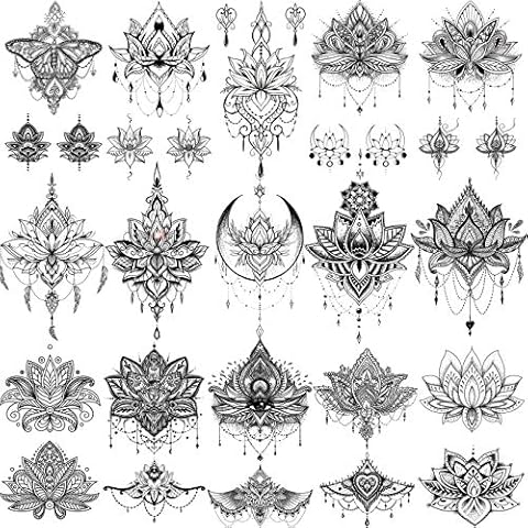 EGMBGM 15 Sheets Sexy Black Lotus Temporary Tattoos For Women Wedding Brides, Tribal Fake Jewelry Pendant Lace Moon Moth Flowers Temp Tattoos Temporary Sticker For Girls Arm Neck Hand Tatoos Jewels Cover