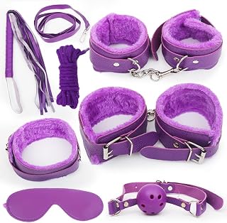 7 Pcs Punk Fluffy Wrist PU Leather Handcuffs Set, Bracelet Soft Plush Cuffs, Long Whip, Cosplay Exercise Bands for Home Yoga Gyms Party Jewelry Gift Funny Toys, with Sleeping Mask Satin(Purple)