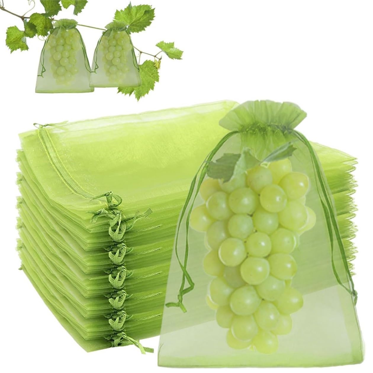 50PCS Fruit Protection Bags with Drawstring, Green Organza Produce Bags for Fruit Trees, Mesh Netting for Garden Protection(7x9CM)