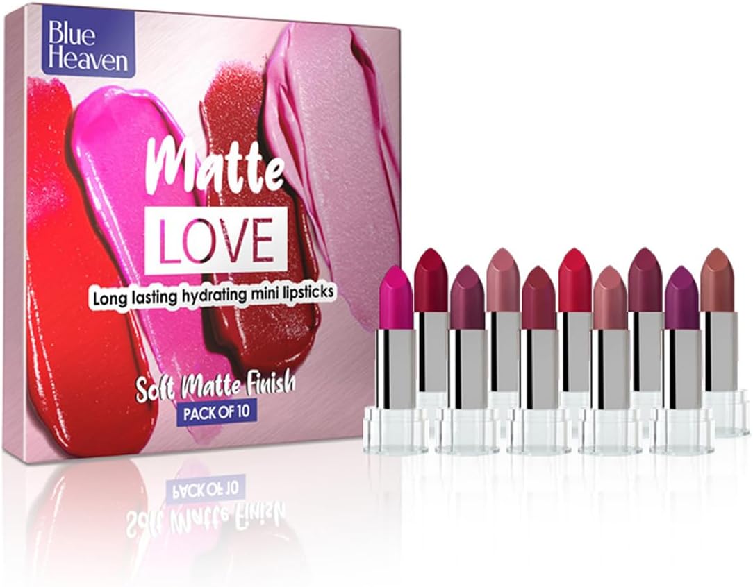 Blue Heaven Matte Love Mini Lipsticks pack of 10 | Long Lasting, Hydrating & Moisturizing Mini Roll on Lipsticks for Women | Soft-Matte Finish | 13g