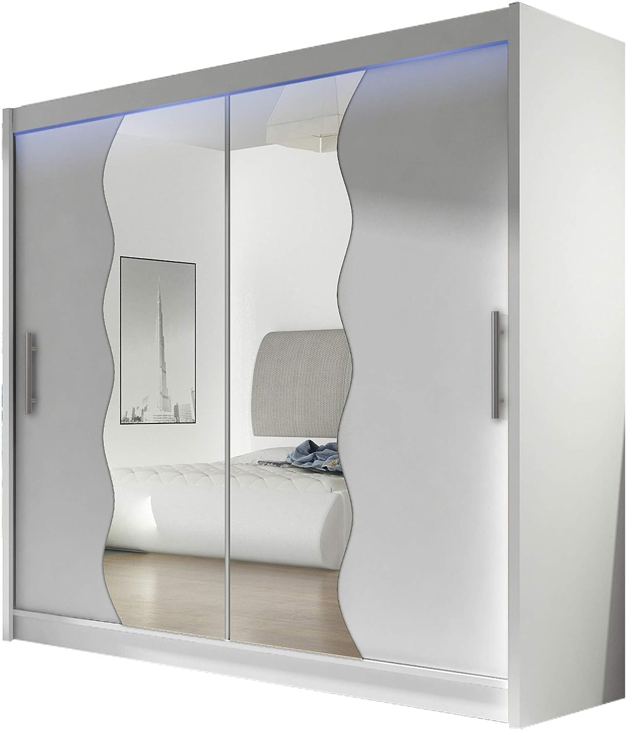 Furnilife Engineered Wood Wardrobe With 2 Sliding Doors For Bedroom - Modern Wardrobe With Mirror, And Shelves -White Color(WxHxD): 180X210X57 Cm, Suitable For Bedroom, Laundry Room, Closet, Garage,