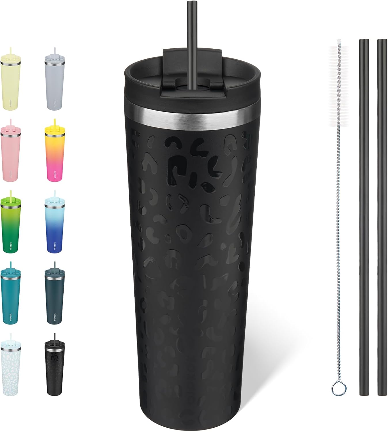 BJPKPK 30oz Insulated Tumbler With lid And Straw Stainless Steel Tumblers Travel Coffee Mug Reusable Thermal Cup,Black Leopard