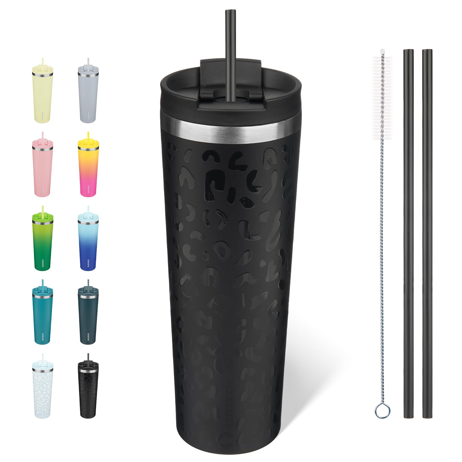 BJPKPK 900ml Insulated Tumbler with lid and Straw Stainless Steel Tumblers Travel Coffee Mug Reusable Thermal Cup, Black Leopard