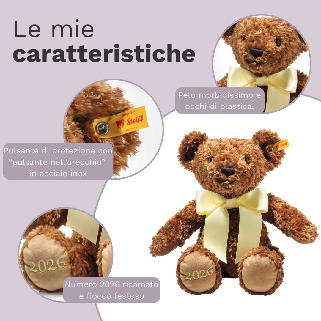 Steiff Peluche Orso dell’Anno Cosy 2026, dolce animale di stoffa per bambini, ragazzi e ragazze, Friends, pupazzo di 34 cm, marrone, 114175