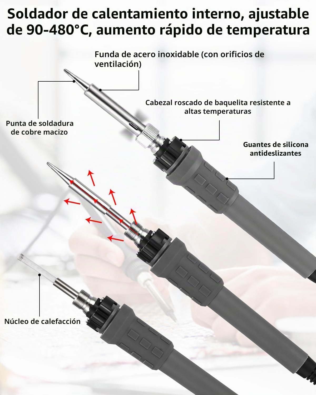 Estación de soldadura de 60 W, juego de soldador de 90 °C ~ 480 °C, temperatura ajustable con indicador de pantalla, bomba de desoldar, soporte de soldador, 5 puntas de soldadura etc.