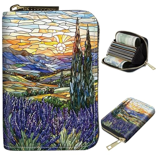 Image of Cute Credit Card Holder with Zipper, Stained Glass Lavender RFID-Blocking Card Case Small Wallet for Women Men, Multi-slot Card Organizer Case Travel Accordion Wallet
