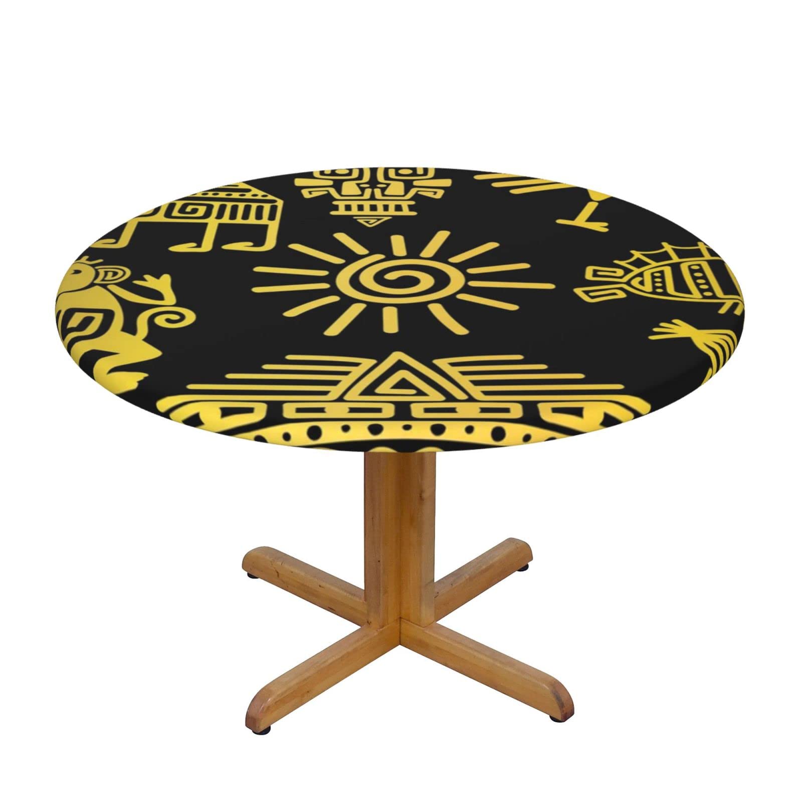 Lsjuee Round Fitted Tablecloth 40-44in Elastic Edged Table Cloth for Kitchen Dining Party Home Decor - Mayan Totem Golden Symbol