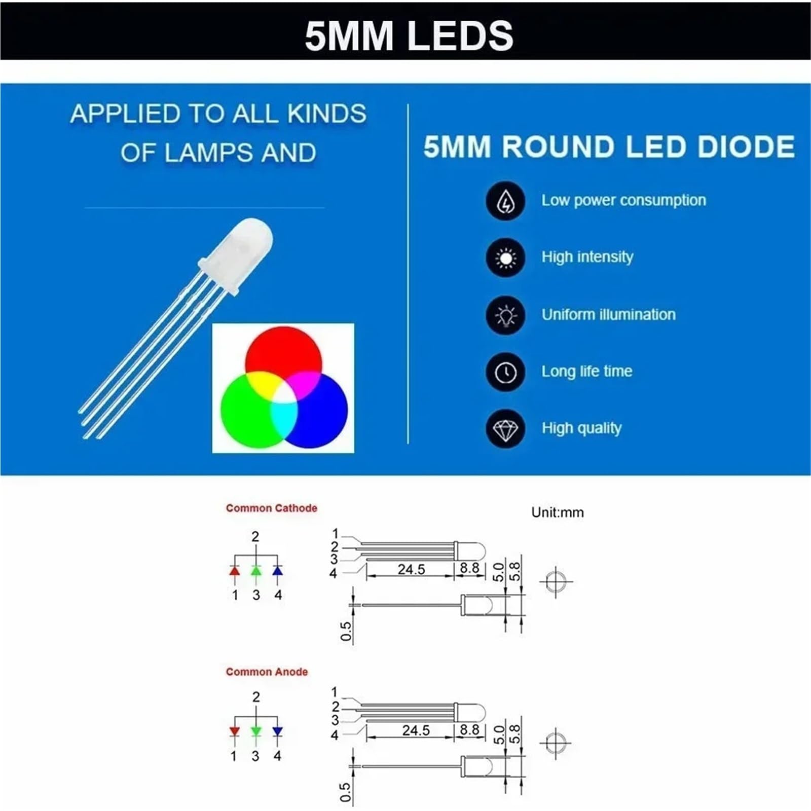 Diodo luminescente da 50 pezzi 5mm F5 Diodi catodici/anodici diffusi/trasparenti Evidenziazione LED a colori RGB Rosso Verde Blu(Diffused Anode)