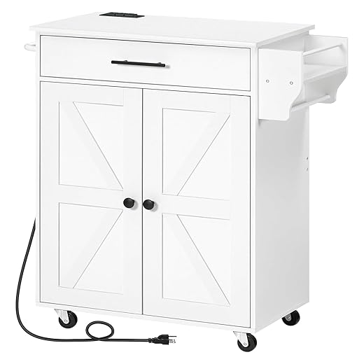 HOOBRO Kitchen Island with Power Outlet, Kitchen Storage Island with Large Worktop, Spice Rack and Drawer, Rolling Kitchen Island Cart on Wheels, for Kitchen and Dining Room, White WT88UZD01