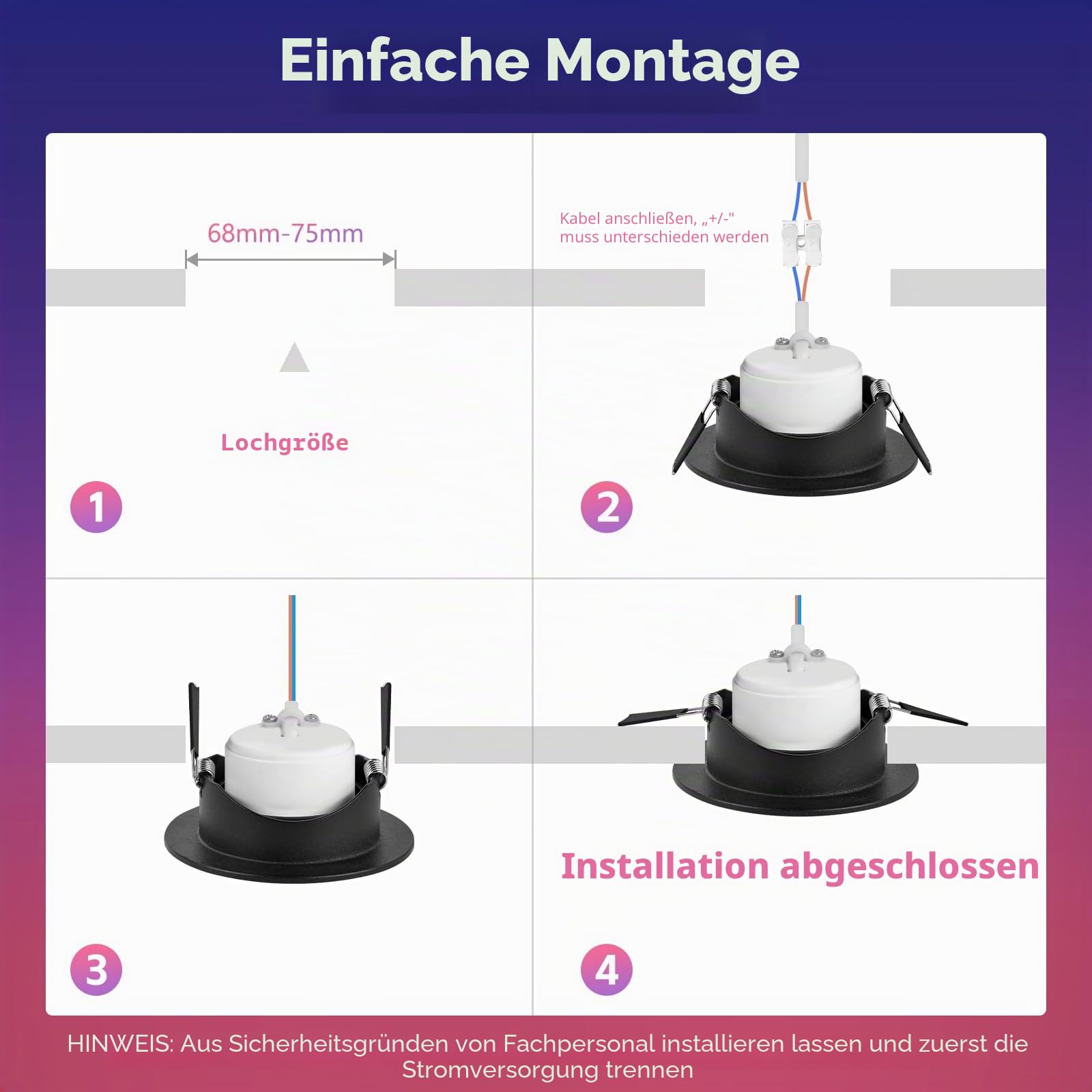 GeyouLux LED Einbaustrahler RGB Dimmbar,Aluminium, mit Fernbedienung, 6 St | 68-75mm Lochmaß, IP44 Wasserdicht, 5W 230V, 120°+45° Schwenkbar, Rostfrei, für Deckenmontage, Wohnzimmer, Schwarz