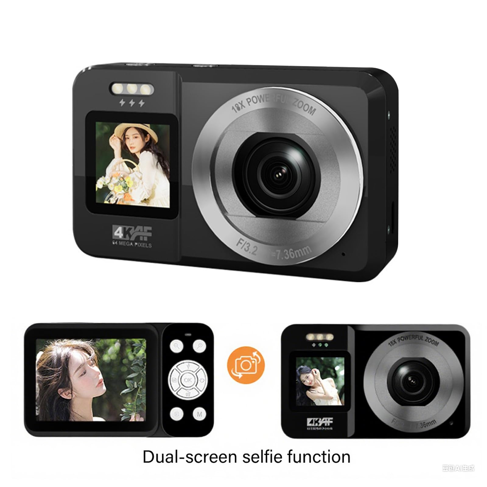 Cámara digital 4K 64MP doble pantalla zoom 18X portátil para adolescentes, viajes y fotografía al aire libre, cámara de doble pantalla para fotografía de viajes