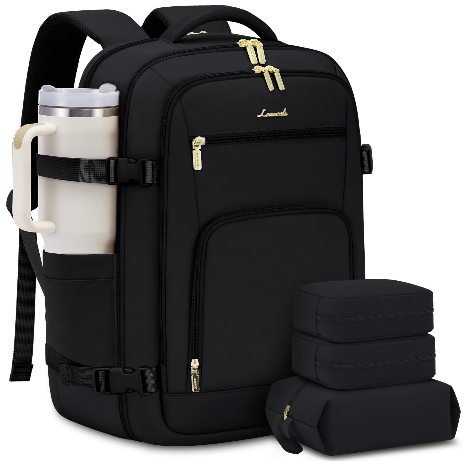 LOVEVOOK Carry on Backpack, 50L Large Travel Backpack for Airplanes, TSA Personal Item Travel Bag, Waterproof Daypack Fits 18 Inch Laptop, Business Weekender Overnight With 3 Packing Cubes, Black