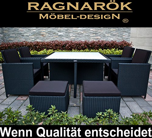 Ragnarök-Möbeldesign Garten Essgruppe inkl. Kissen und Glas | Aus Polyrattan in Schwarz | Tisch + 4 Stühle & 4 Hocker - 0634065718138 Ragnarök-Möbeldesign Garten Essgruppe inkl. Kissen und Glas | Aus Polyrattan in Schwarz | Tisch + 4 Stühle & 4 Hocker