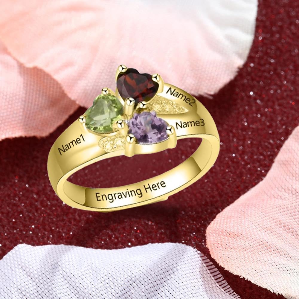 Personalized 10k 14K 18K real gold mom rings for women 14k yellow 3 birthstone rings mother and daughter ring for Mother's day Christmas Day Anniversary Engraving 3 names