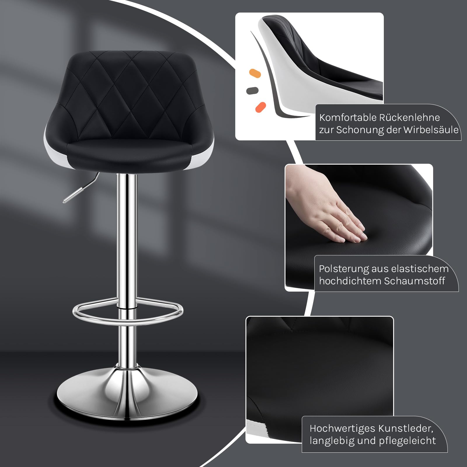 WOLTU Barhocker 1er Set, Barstuhl Höhenverstellbar, PU-Bezug, Schwarz+Weiß | Drehbarer Bar Stool mit Rückenlehne und Fußstütze, rutschfeste Metallfüße, für Küche und Hausbar