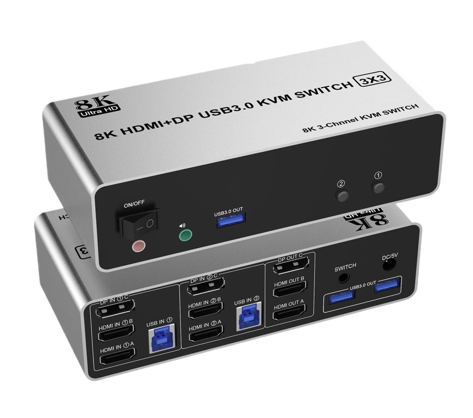 8K Displayport + 2 HDMI Triple Monitor KVM Switch 3 Monitors 2 Computers,8K@60Hz KVM Switch with Audio Mic and 3 USB 3.0 Ports(with US Plug)-image-12
