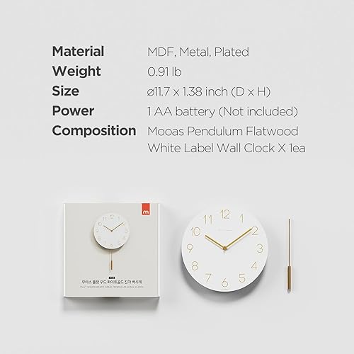 Miniatura 7 de mooas Flatwood - Reloj de pared de madera con péndulo blanco, reloj de pared de madera de 12 pulgadas, movimiento de barrido, reloj decorativo a