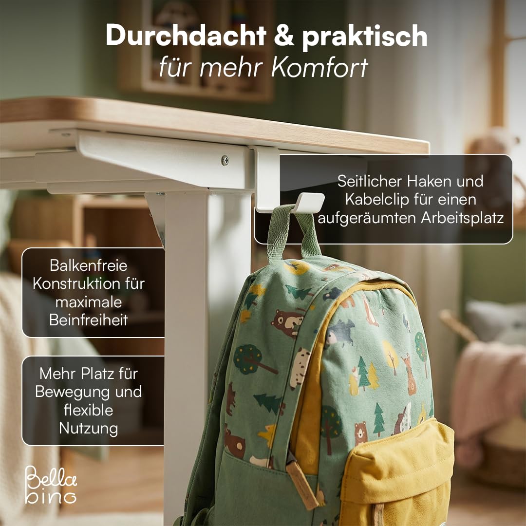 Bellabino Toro Kinderschreibtisch elektrisch höhenverstellbar – ergonomischer Schreibtisch für Kinderzimmer – Schülerschreibtisch ab 6 Jahren – LED-Höhenanzeige mit 3 Speicherplätzen & Kindersicherung