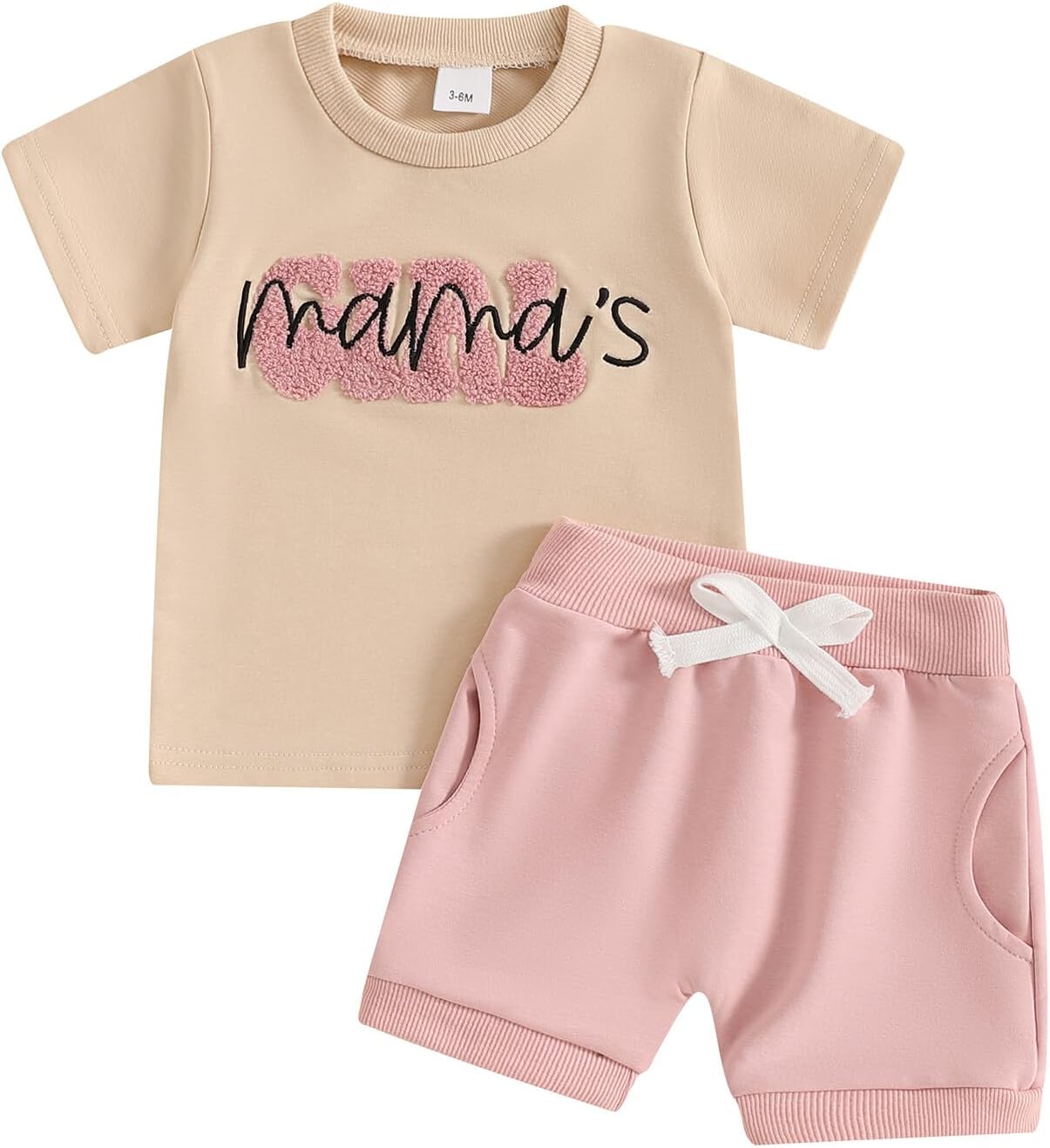 Toddler Baby Girl Summer Clothes Embroidered Letter Graphic Short Sleeve T-Shirt Shirts + Elastic Shorts Set