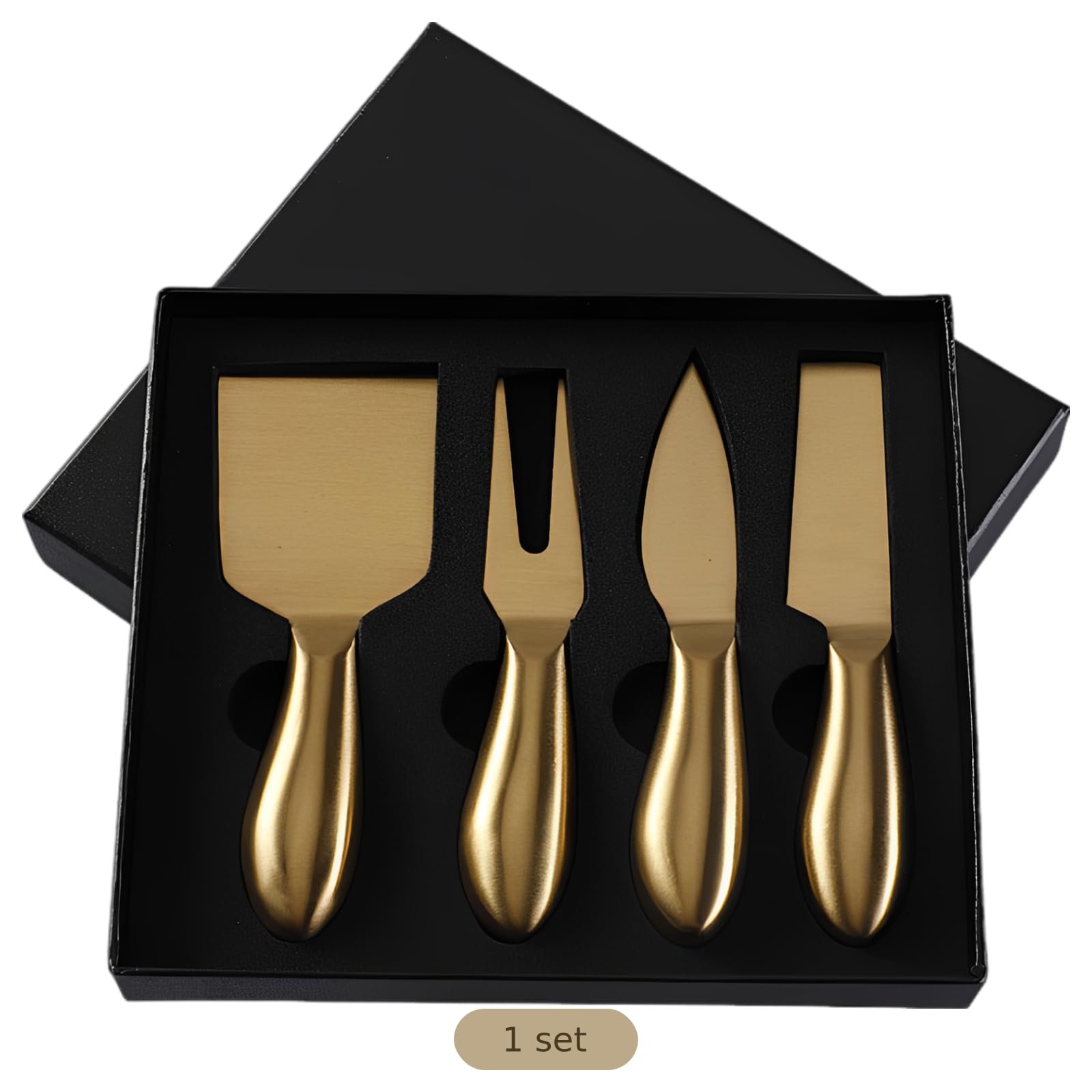 Lot de 4 couteaux à fromage dorés, couteau, fourchette et pelle à fromage en acier inoxydable avec poignée creuse, accessoires pour plateau de charcuterie, coffret cadeau pour crémaillère et mariage