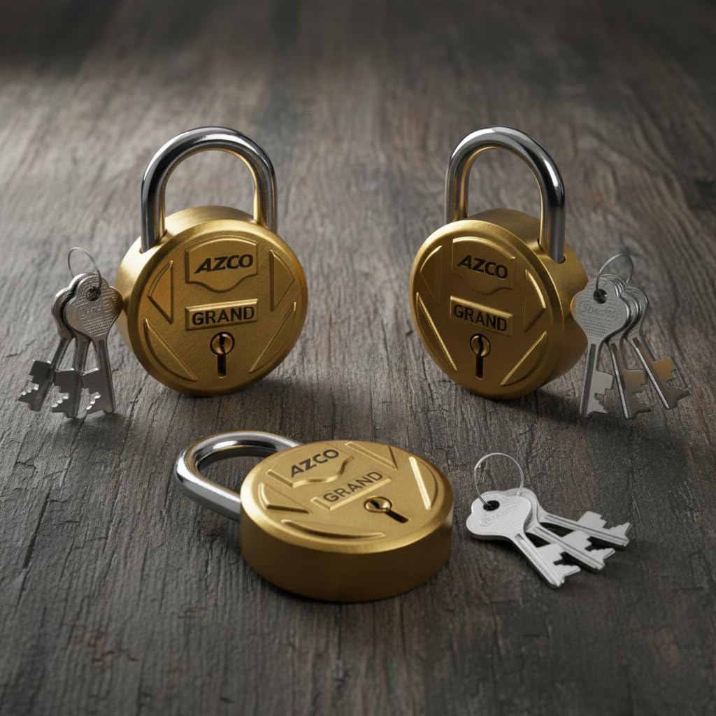 AZCO Grand 52mm Heavy Duty Solid Brass Padlock with 3 Each Keys | 7-Levers Double Locking Round Strong Security Lock for Home, Shop, Gate, Cupboard, Locker & Shutter Pack of 3-picture-20