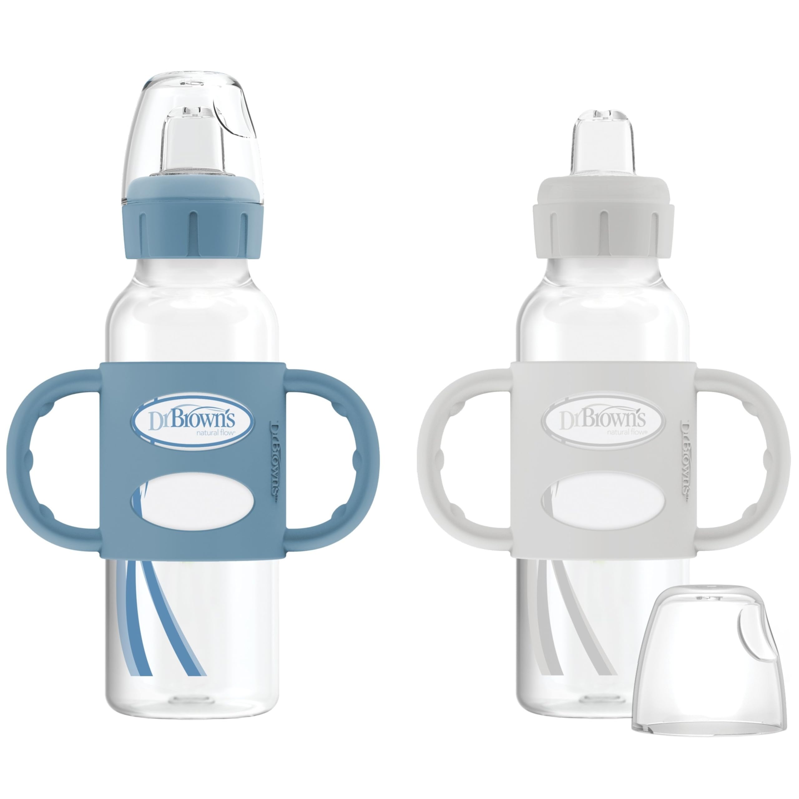 Milestones Narrow Sippy Spout Bottle with 100% Silicone Handles, Easy-Grip Handles with Soft Sippy Spout, 8oz/250mL, Light-Blue & Gray, 2-Pack, 6m+
