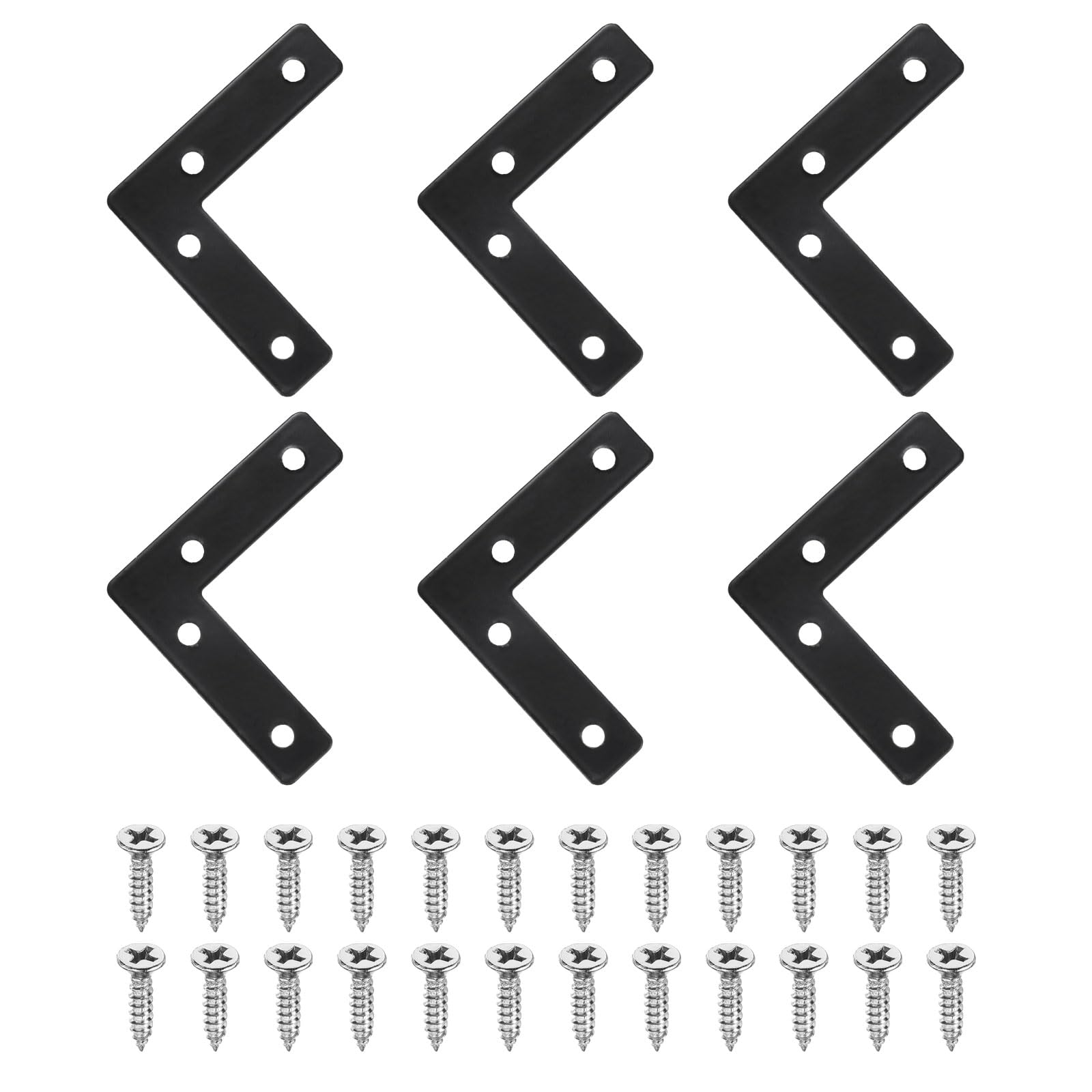 sourcing map 6Pcs l Shape Flat Bracket, 60mm x 60mm Metal Flat Corner Bracket Right Angle Corner Brace Mending Plate with Screws for Wood Frame Furniture Fixing Joining, Black