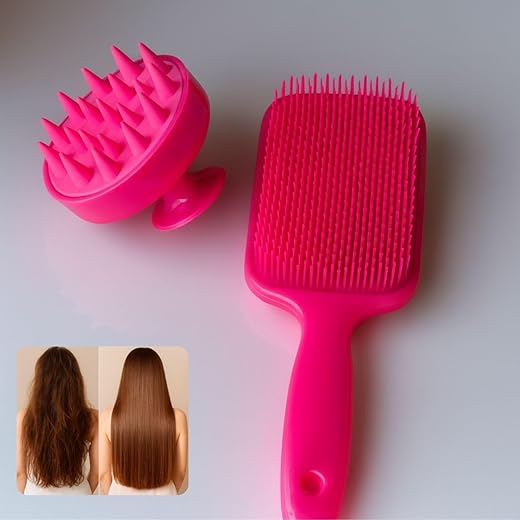 Kit Escova de Cabelo – 1 Escova Curvada Fashion Tipo Raquete + 1 Escova de Silicone para Massagem no Couro Cabeludo – Ideal para Banho, Lavagem e Cuidados Capilares – Antiestresse, Estimulante e Relaxante (Azul com Rosa)