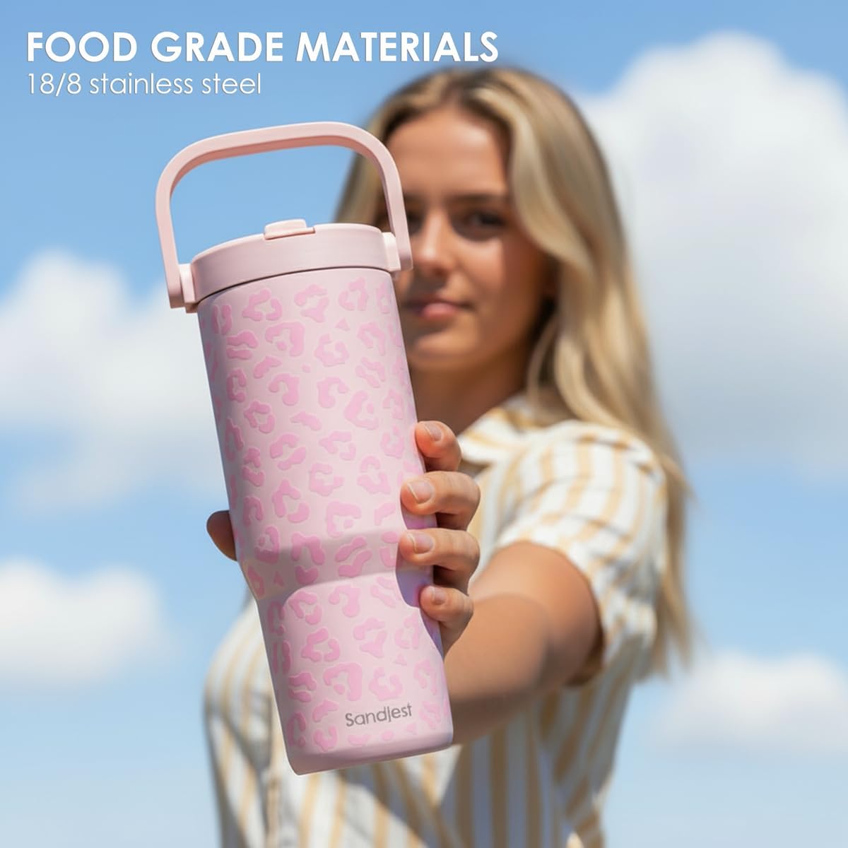 SANDJEST Leopard Skin Stainless Steel Straw Lid Tumbler 30oz with Carry Handle for Women Girls, Insulated Travel Coffee Cup, Gift for Sports Outdoor Workout Christmas Birthday (Pink)