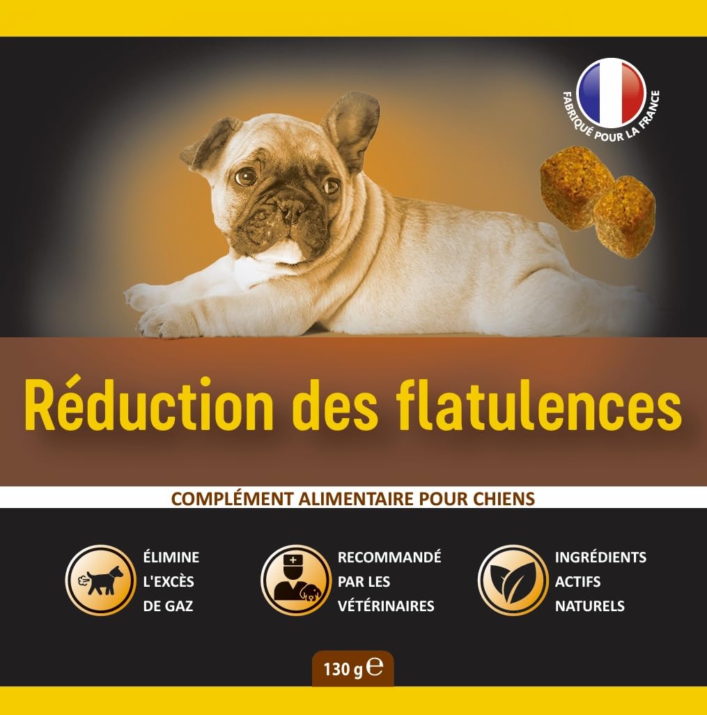Traitement Anti Flatulence Chien - complément Alimentaire Chien flatulences - 60 croquettes Chien Anti Flatulence - Goût Poulet (Francais)
