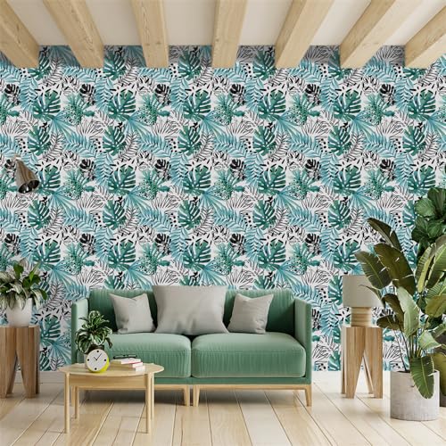 Papel Pintado Autoadhesivo Tropical Azul Y Negro Vinilo Pared Impermeable Papel Pared Autoadhesivo Pelar y Pegar Papel Adhesivo Pared Muebles Decorativo Papel Pintado Pared 2P (45x300 cm)