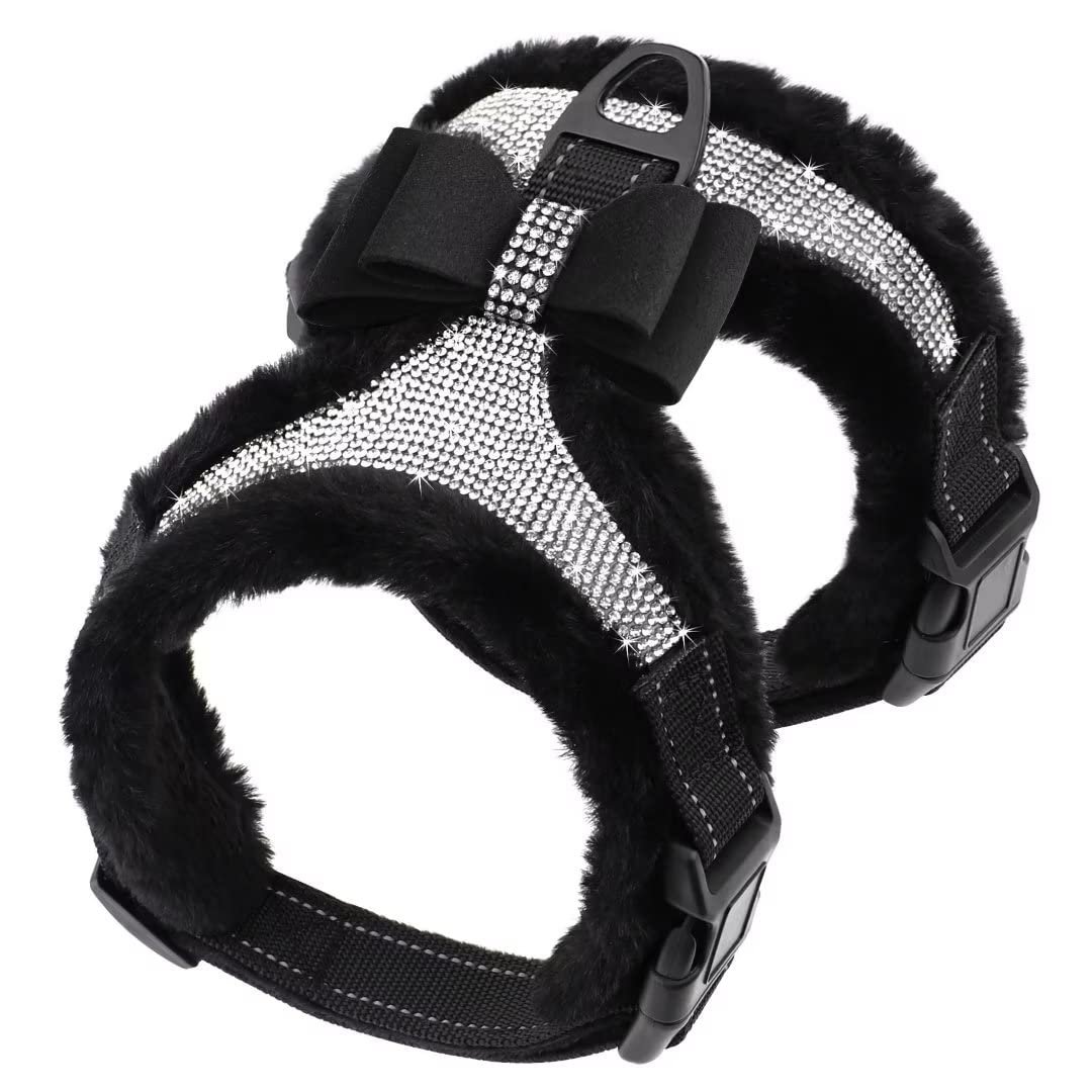 Beirui Soft Fleece Padded Dog Harness for Small Medium Dogs - Cute Rhinestone Dog Vest Harness with Sparkly Bow Tie - Reflective Safety Pet Puppy Harness for Walking and Party (Black,M)