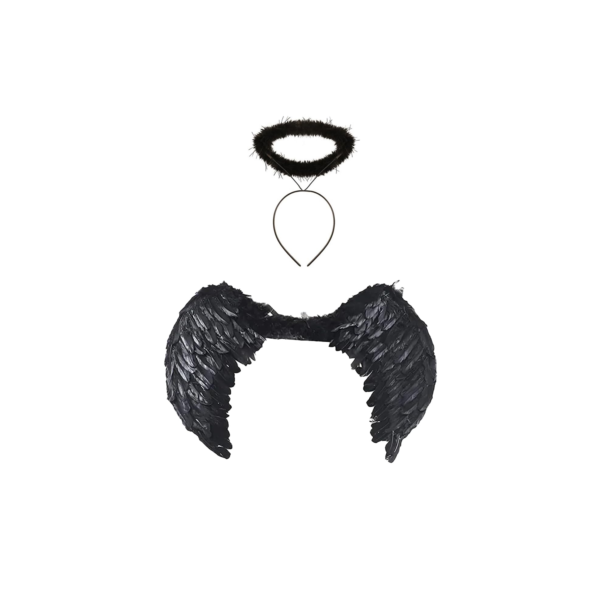 Fancy Dress Women Dark Fairy Wings & Halo - Adult Halloween Angel Wings Headband Set