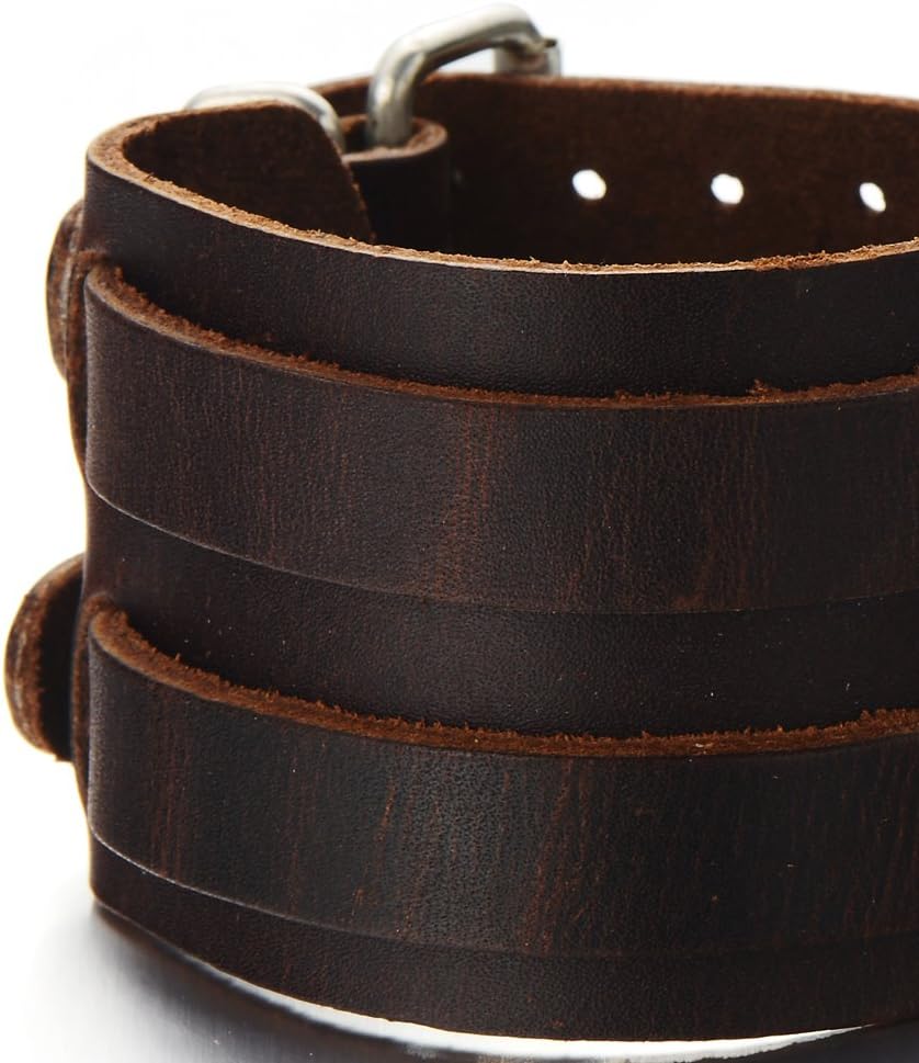 COOLSTEELANDBEYOND Wide Mens Leather Bracelet Genuine Brown Leather Bangle with Two Buckle Clasps - Image 3