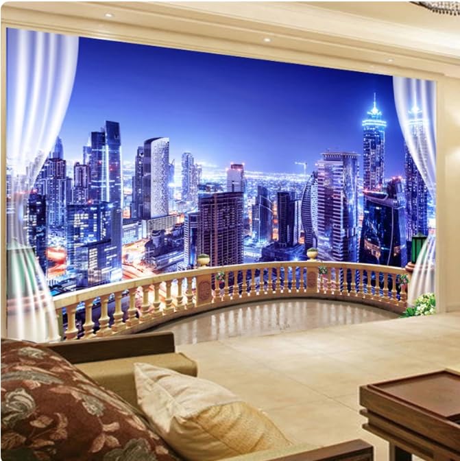 Photo murale 3D de la ville la nuit pour créer un fond d'écran moderne au salon