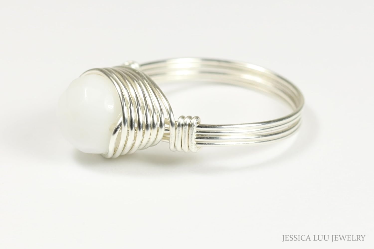 JESSICA LUU JEWELRY White Alabaster Gemstone Ring - Sterling Silver or Gold Wire Wrapped Handmade