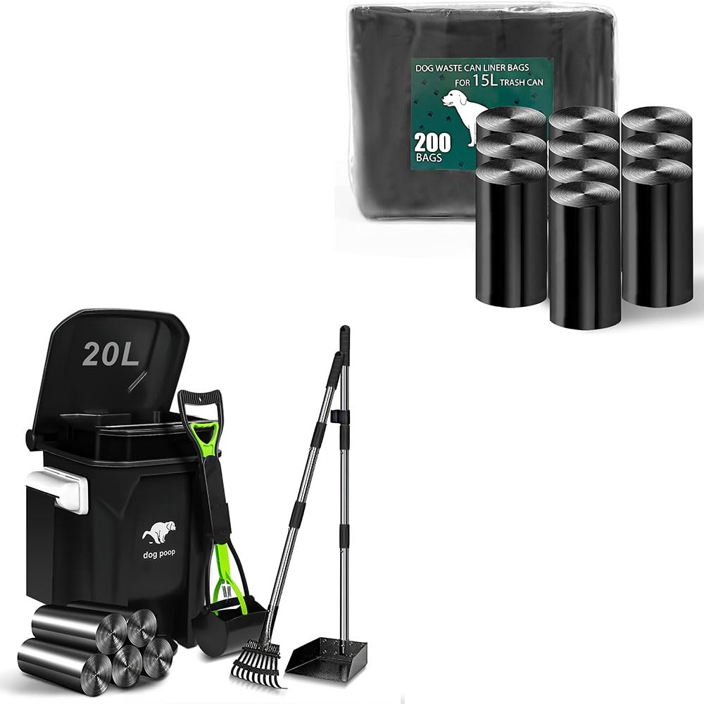 Dog Poop Trash Can for Outdoors with Pooper Scooper and Heavy Duty Metal Rake & Tray, Dog Waste Trash Can with Lid, Pedal and Removable Inner Waste Bin, 300pcs Poop Bags