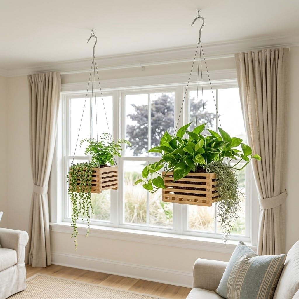 Wooden Orchid Baskets with Hangers for Epiphytes & Vandas, 6" & 8" Square Hanging Planter Set for Patio, Balcony Decor, Garden Flower Pots for Indoor Outdoor Plants, 2 Pack