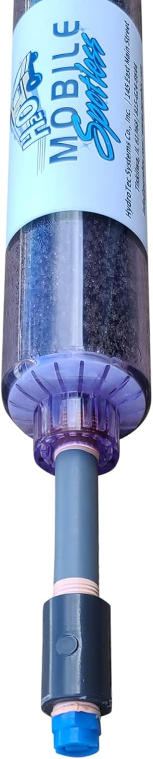 Detailers Delight Inline refillable capsule filled with MB6040 Ion-Exchange Resin with ¾” Garden Hose supply connection and an 80 Degree Spray Angle rinse nozzle purified spray water blade.