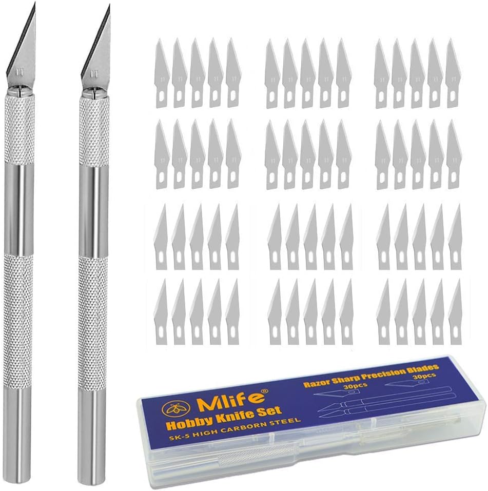 Mlife Precision Carving Craft Knife Stainless Steel Hobby Knives for DIY Art Work Cutting - 2 Handles and 60 Spare Blades with Storage Case