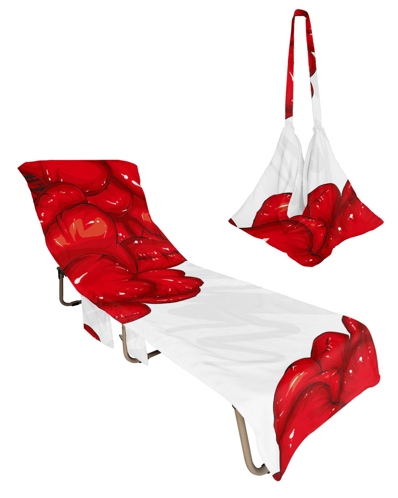 Red Love Heart Beach Lounge Chair Towel Cover, Soft Chaise Lounge Towel with Side Pockets Patio Pool Chairs Cover for Beach/Pool Sunbathing 29x85 Romantic Valentine's Day