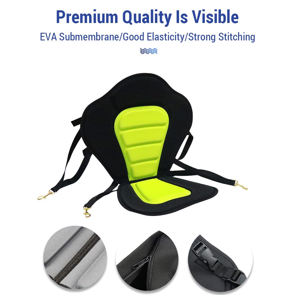 Asiento de kayak de EVA verde ajustable con bolsa de almacenamiento opcional, diseño ergonómico, 50,5 x 45 x 30,5 cm, 1000 g/1150 g