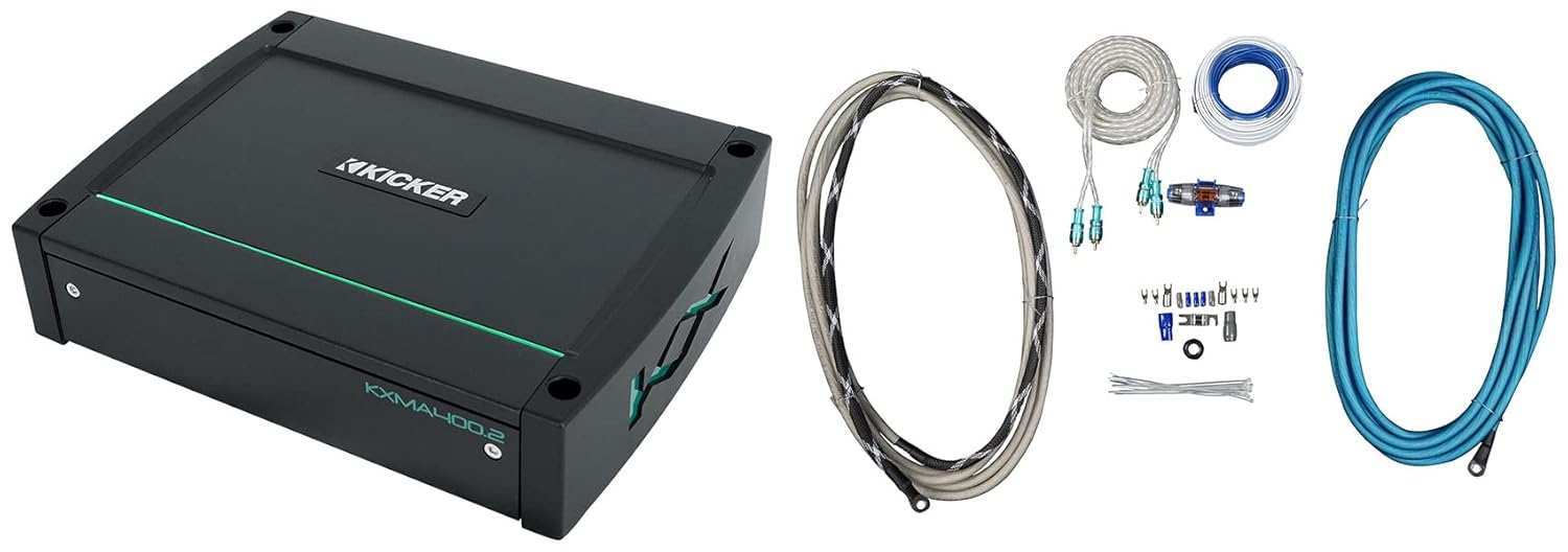 KICKER 48KXMA4002 400 Watt 2-Channel Marine Boat Amplifier Bundle with Rockville RMWK4 4 AWG Gauge Waterproof Marine Amplifier Install Wire Kit