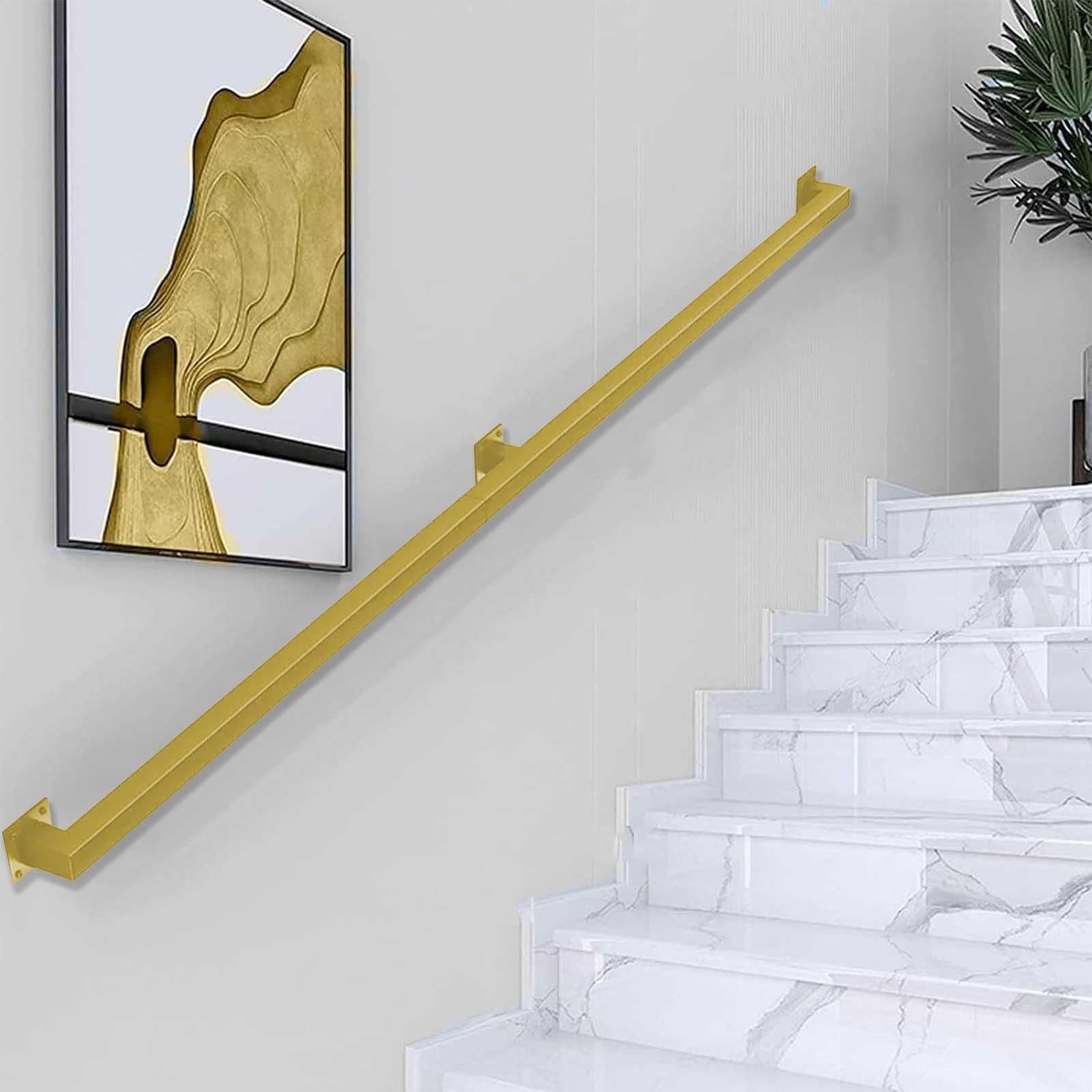 Modern Staircase Banister Hand Rails for Outdoor Steps Indoor Stair Railing - 1.2m/3.5m/4.5m - Matte Black/White/Gold, Wall Mount Metal Wrought Iron Stairs Handrail - Complete Kit(Gold,12ft/3600mm)