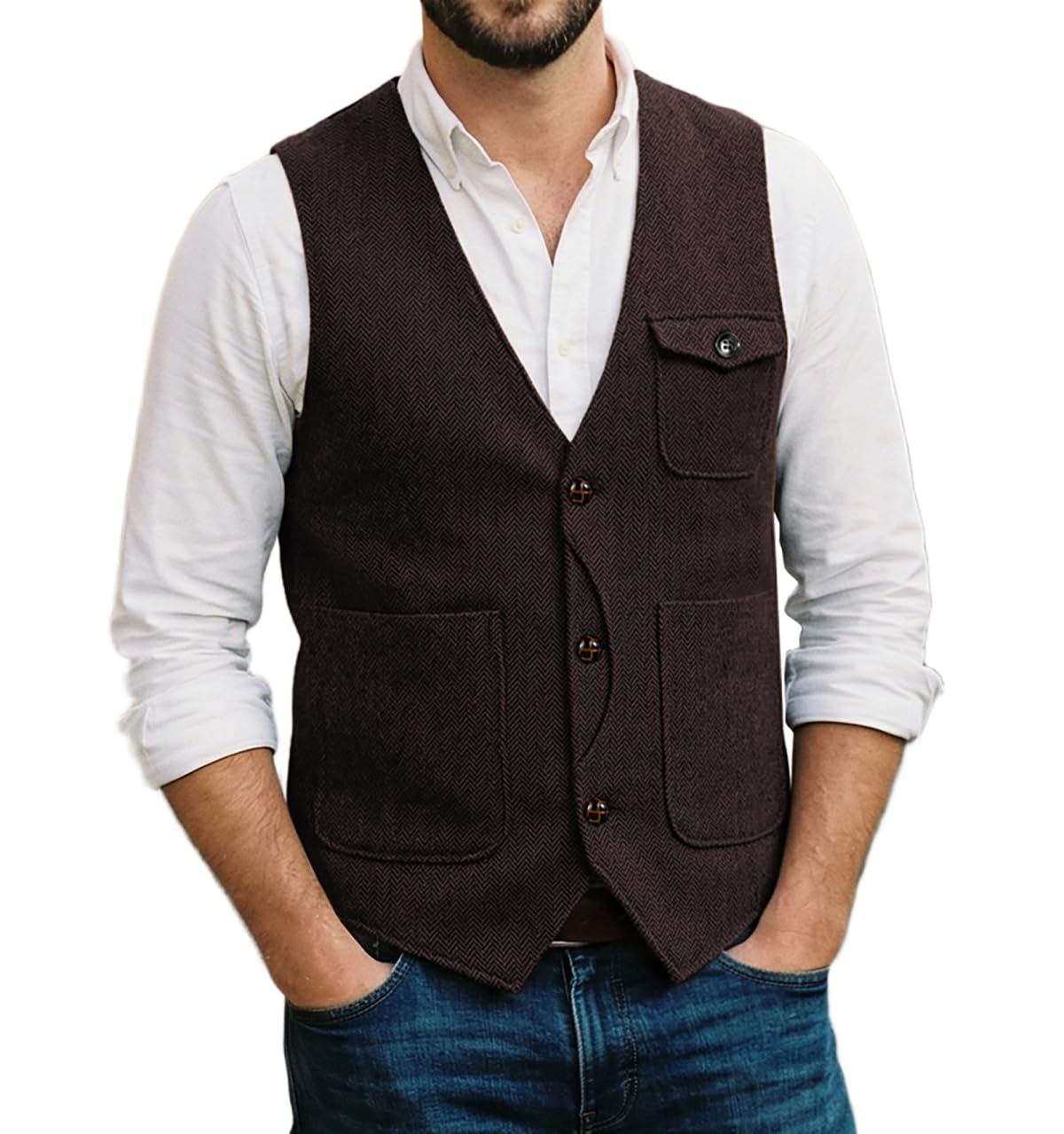 Solovedress Mens Vintage Wool 3 Real Pockets Suit Vest V Neck Tweed Waistcoat for Wedding Groomsmen(Coffee,XXXL)