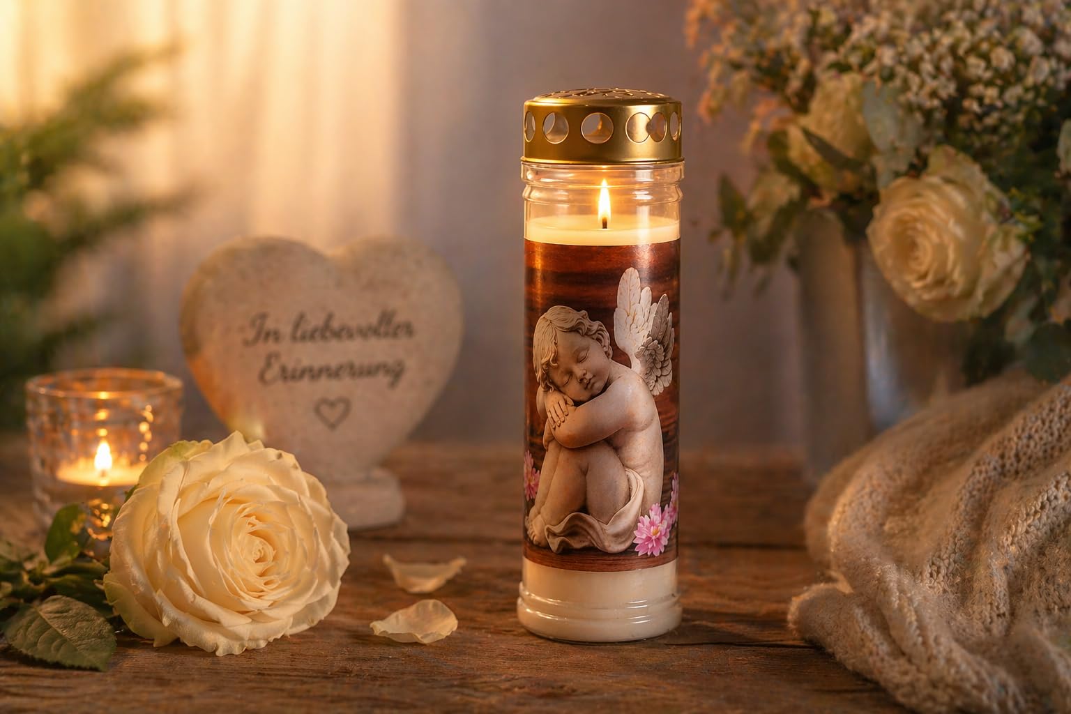 Grabkerzen 6er Set mit Motiv - 7 Tage Brenndauer Premium Friedhofskerze - Grablichter Wetterfest mit Deckel - Gedenklicht Engel Herz Rose - Trauerkerzen Dauerbrenner für Grabschmuck